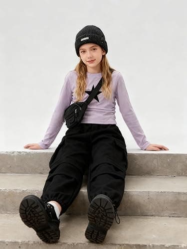 Cakaner Tween Girls Clothes Ribbed Star Printed Shirt + Cargo Pants Sets Fall Outfits Sizes 7-16 Years thumbnail 5