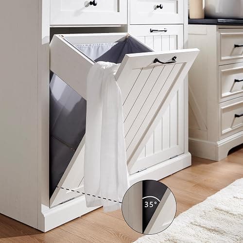IFGET Double Tilt Out Trash Cabinet, 20 Gallon Farmhouse Laundry Hamper Cabinet with 2 Drawers, Hidden Wooden Trash Can Cabinets with Storage Basket for Kitchen, Living Room (Antique White) - Double Door - Antique White thumbnail 5