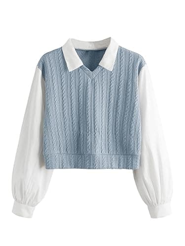 SweatyRocks Women's Collar Long Sleeve Shirt Ribbed Knit 2 in 1 Blouse Crop Top Sweater Shirt Top - Image 1