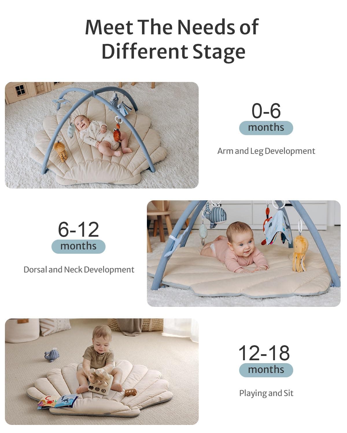Blissful Diary Shell Baby Play Gym Mat, Softer & Enlarged Tummy Time Mat w 6 Detachable Toys for Sensory & Motor Skill Development, Activity Mat for Newborn Essentials Shower Gift, Boho Ocean Theme thumbnail 5