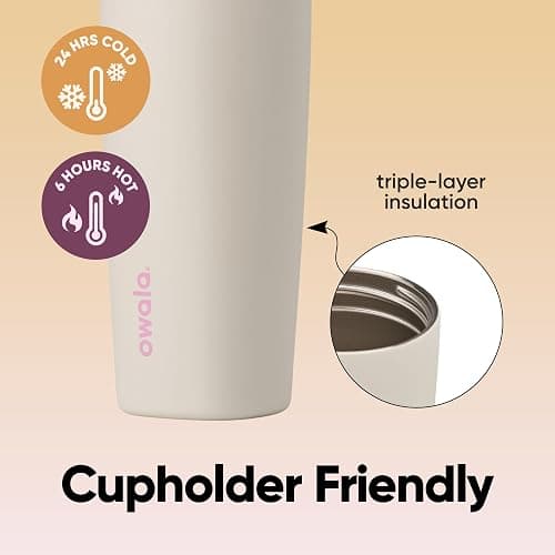 Owala SmoothSip Slider Insulated Stainless Steel Coffee Tumbler, Reusable Iced Coffee Cup, Hot Coffee Travel Mug, BPA Free 20 oz, Pink/Tan (Daybreak) thumbnail 5