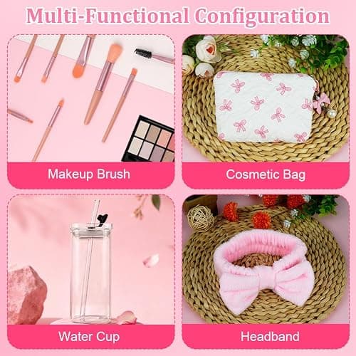 AUYAO Gifts for Girls Teenage Women Christmas Birthday Gift Set Coquette Pink Bow Gift Set with Glass Cup with Lid and Straw Headband Makeup Brushes Cosmetic Bag Greeting Card Unique Presents thumbnail 4
