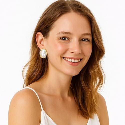 Dckazz Vintage Pearl Earrings Chunky 14K Gold Plated Pearl Earrings for Women Oval Stud Non Tarnish thumbnail 3