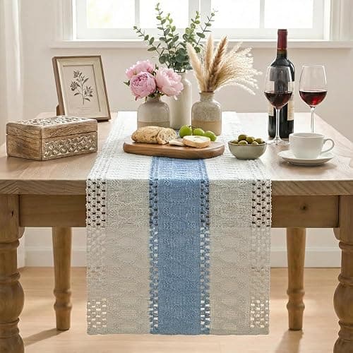 Artoid Mode Sky Blue Farmhouse Rustic Table Runner, Seasonal Holiday Hollow Kitchen Dining Table Decoration for Home Party Decor 12x72 Inch thumbnail 2