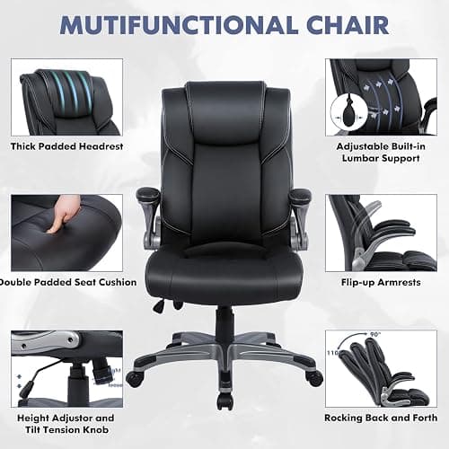 COLAMY High Back Executive Office Chair- Ergonomic Home Computer Desk Leather Chair with Padded Flip-up Arms, Adjustable Tilt Lock, Swivel Rolling Chair for Adult Working Study-Black thumbnail 5