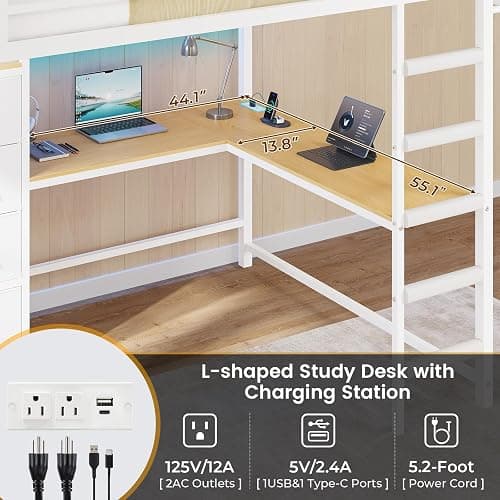 DICTAC Full Loft Bed with L-Shaped Desk and 7 Storage Drawers, Metal Full Size Loft Bed for Teen with LED Lights and Charging Station,13.11" H Safety Guardrail and Ladder,No Box Spring Needed, White thumbnail 5