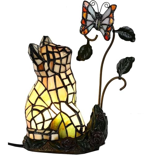 Bieye L10891 Tiffany-Style Stained Glass Cat Accent Table Lamp - Adorable Orange Cat Watching a Butterfly - 10-Inch Tall - Image 1