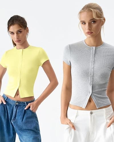QINSEN Women's Crewneck Short Sleeve T Shirts Ribbed Button Going Out Trendy Tops thumbnail 3