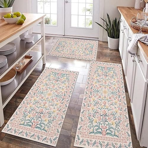 XSCQ 3PCS Vintage Pink Floral Kitchen Rugs Washable,Cushioned Rug Anti-Fatigue Mats for Kitchen Decor Accessories,Waterproof Non-Slip Mats and Rugs Set for Office,Floor,Laundry 20x32+20x47+20x59 Inch - Image 1