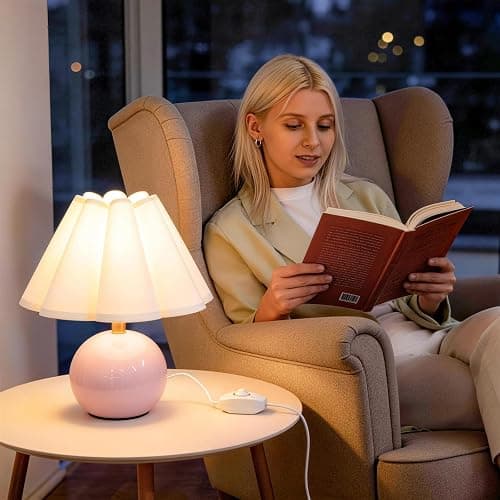 Komothala Small Bedside Table Lamp, Ceramic Stepless Dimmable Lamp with Scalloped Fabric Shade,Decorative Accent Light for Nightstand, Living Room, Console or Kids Dorm,Pink (E26 LED Bulb Included) thumbnail 5