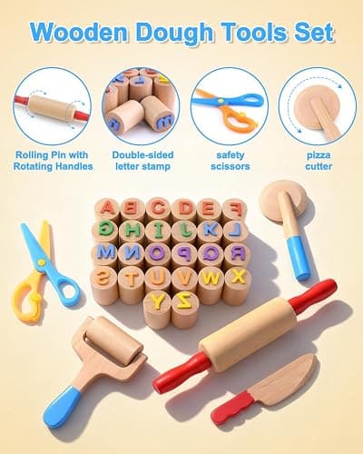 Wooden Dough Tools Kit for Kids, Dough Accessories with Rolling Pins, Pizza Cutter, Safety Scissors & 26 Letter Stamps, Educational Alphabet Learning Toys Gift for Toddlers Ages 3–6 thumbnail 2