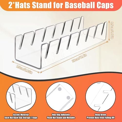 Hat Stand for Baseball Caps, 2 Pack No Install Acrylic Hat Organizer for 14 Baseball Caps Storage Organizer, Hat Racks Hat Holder Display and Organization for Closet, Bedroom, Dresser (Clear-2Pack) thumbnail 2