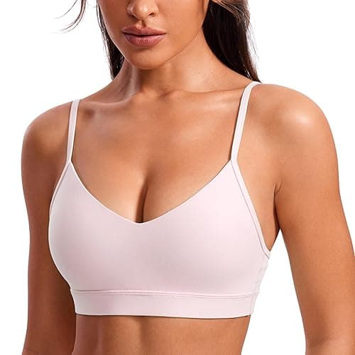 CRZ YOGA Butterluxe V-Neck Sports Bras for Women - Adjustable Thin Straps Padded Yoga Top Basic Wireless Camisole - Medium - Strawberry Pink