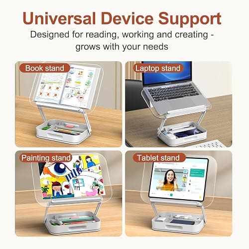 Acrylic Book Stand with Storage, Adjustable Book Holder for Reading with 360° Rotating Bases, Foldable Desktop Riser Stand, Elastic Clips for Cookbook Recipe Magazines Tablets, Laptops (Clear) thumbnail 6