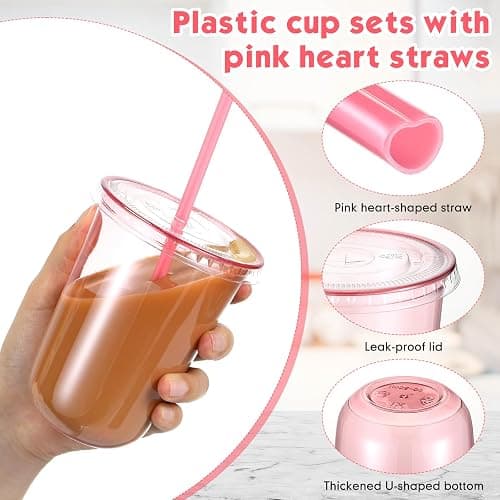 Ziliny 50 Sets Clear Plastic Cups with Heart Shaped Straws and Lids, Disposable Iced Coffee Cups Drinking Pet for Cold Drinks, Valentine's Galentine's Day Bridal Baby Showers Party (16 oz,Pink) thumbnail 4