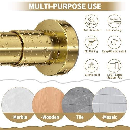ZYRW Gold Shower Curtain Rod 36-98 Inches (3-8.2ft) Non Rust Adjustable Shower Rod Spring Tension Non Slip No Drilling Stainless Steel Shower Rods for Bathroom Window thumbnail 7