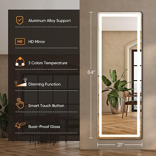 Aidoly LED Rectangular Full Length Mirror, 64"L x 21"W Body Standing Mirror | Shatterproof Tempered Glass, 3 Color Lighting Standing, for Bedroom Cloakroom Livingroom, White thumbnail 2