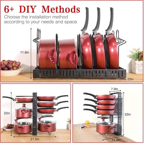 X-cosrack Pot Racks,10 Tier Adjustable Heights with Non-slip feet,6 DIY Methods,Expandable Kitchen Cabinet Pantry Pans and Pots Lid Organizer Rack Holder, Black thumbnail 4