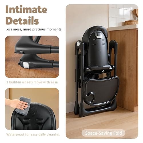TODEFULL 3 in 1 Foldable Baby High Chair, Infant High Chairs for Babies and Toddlers, 6 Height & 5 Recline Adjustable Toddler Feeding Chair, 2 Tray Depth & 3 Footrest Angles, 2 Built-in Wheels, Black thumbnail 5