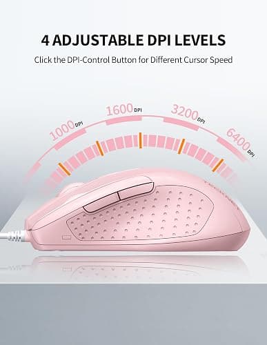 TECKNET Wired Mouse, 6-Button Corded with 4 Adjustable DPI, Optical Ergonomic Design, 5FT Cord for Laptop, Chromebook, PC, Desktop, Mac, Notebook - Pink thumbnail 2