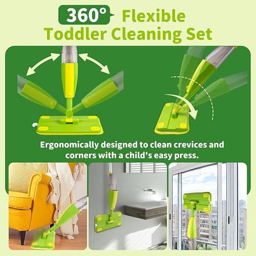 Lullulii Kids Spray Mop, Fun & Functional Toddler Mop Cleaning Set,Real Working Mini Mop, Pretend Play Toy –Includes Spray Bottle,Washable Microfiber Pads, Montessori Kids Cleaning Toy Set -Green thumbnail 5