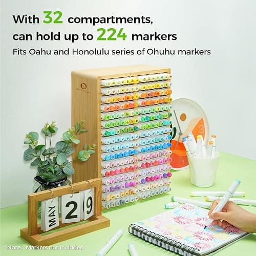 Ohuhu Bamboo Marker Organizer, Desktop Storage Hold 224 Markers for Honolulu Oahu Series of Ohuhu Markers, Pens Pencils Stationary Organizer Holder with 32 Compartments for Classroom Office Decor thumbnail 4