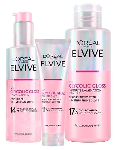 L'Oréal Paris, Elvive Glycolic Gloss, 5 Minuten-Laminierungsbehandlung (200 ml) + Serum ohne Ausspülen (150 ml) + Spülung (150 ml), Set für stumpfes und poröses Haar, intensiver und langanhaltender - Image 1
