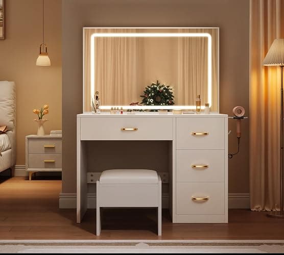 YITAHOME Vanity Desk Set with Large 35" LED Mirror and Lights, Makeup Table with 4 Drawers & Stool, 2 AC Outlets and 2 USB Ports, Adjustable Lighting, Modern Ample Storage Dressing Table, White thumbnail 3