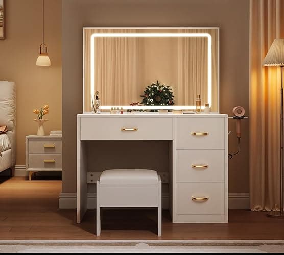 YITAHOME Vanity Desk Set with Large 35" LED Mirror and Lights, Makeup Table with 4 Drawers & Stool, 2 AC Outlets and 2 USB Ports, Adjustable Lighting, Modern Ample Storage Dressing Table, White - Cream White - LED Strip thumbnail 3