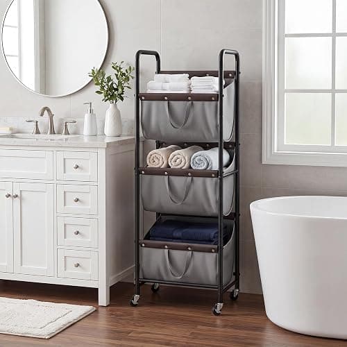 GRANNY SAYS 3 Tiered Laundry Sorter, Narrow Hamper Cart with Wheels | Sturdy 3 Section Laundry Basket with Wheels, Vertical Grey Hamper Cart for Bedroom, Bathroom, Apartment thumbnail 7
