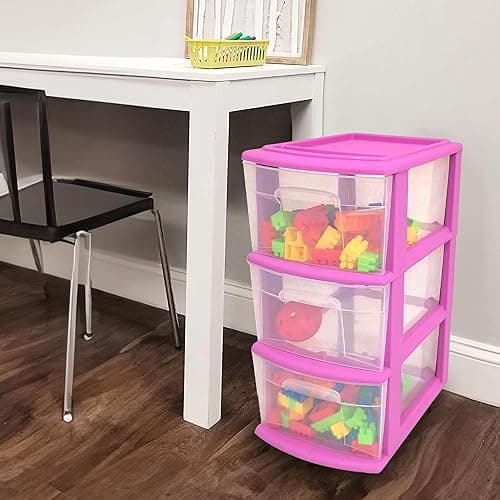 HOMZ Drawer Tower, 3-Tier Clear Plastic Storage Organizer Cart, Purple Frame - Rolling Drawer Containers with Wheels for Bathroom, Bedroom, Office, and Classroom Organization - Purple - 1 Pack thumbnail 9
