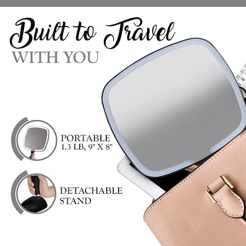 MIRRORVANA Lighted Travel Makeup Mirror - 2 in 1 Handheld & Tabletop LED Mirror with 3 Light Modes, Detachable Stand, and Comfy Handle - 9" x 13" (Black) thumbnail 5