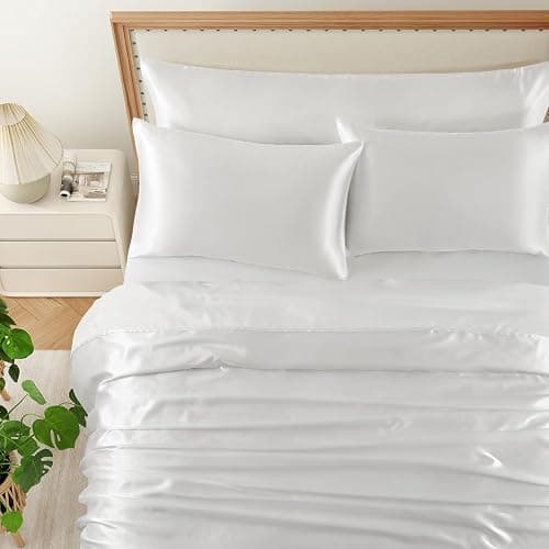 HommxJF 5Pcs White Satin Sheets Set Breathable Luxury Silky Satin Bedding Set with 1 Flat Sheet,1Deep Pocket Fitted Sheet,3Pillowcase thumbnail 3