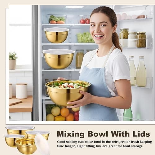 LemonRoad 8 Pcs Gold Kitchen Accessories Set Includes 1.5/2/2.8/3.6 Qt Gold Mixing Bowls with Airtight Lids, 1 Set Stainless Steel Measuring Cups, Grater Slicer with Handle, Egg Beater, Egg Separator thumbnail 7
