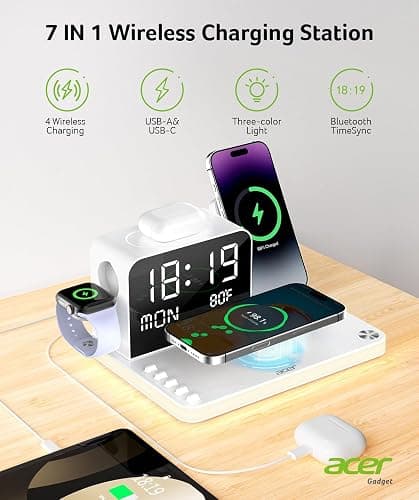 Acer 7-in-1 Wireless Charging Station with LED Clock - 30W Fast Wireless Charger for iPhone 16/15/14/13/12/Pro Max, Apple Watch, AirPods - Bluetooth Auto Time Sync & Night Lights (White) thumbnail 2