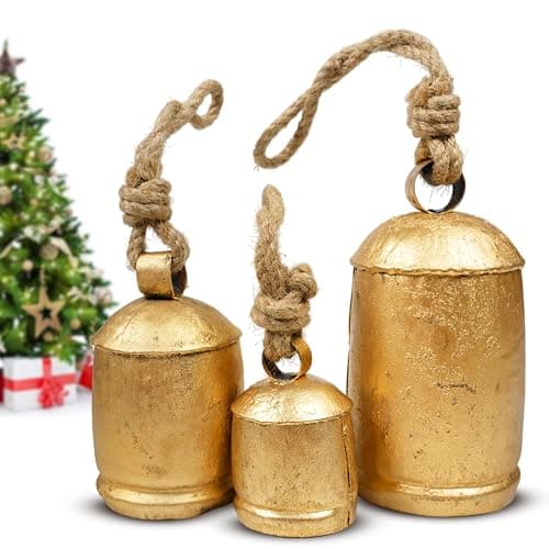 Set of 3 Giant Harmony Rustic Gold Christmas Bells for Decoration - Perfect for Cow Bell, Door Hanging, Staircase, Wall (Large) - Image 1