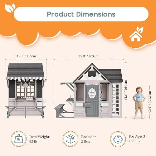Albott Kids Outdoor Wooden Playhouse with Kitchen Playset, Backyard Cottage for Kids with Bench, Chalkboard, Pet Door, Wooden Mailbox and Flowerpot, Backyard Play House for Boys and Girls Ages 3-8 thumbnail 3