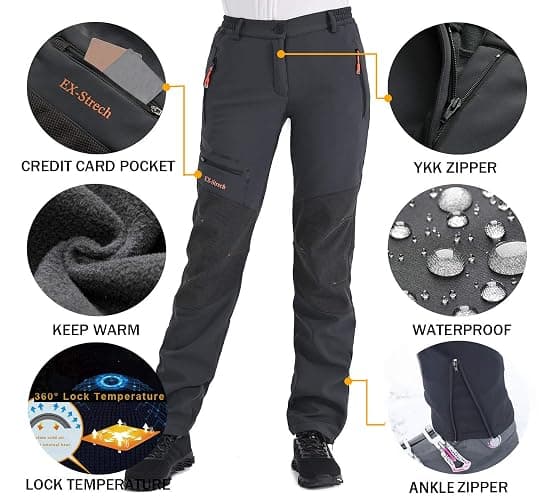 Postropaky Womens Outdoor Snow Ski Pants Waterproof Hiking Insulated Softshell Pants Snowboard Zipper Bottom Leg thumbnail 3
