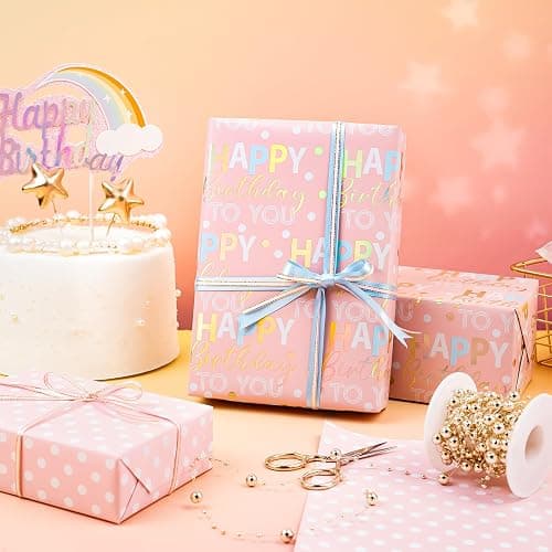WRAPAHOLIC Reversible Birthday Wrapping Paper - Mini Roll - 17 Inch x 9.8 Feet - Rose Gold Foil and Iridescent Happy Birthday Wrapping Paper for Girls, Women, Baby Shower thumbnail 4
