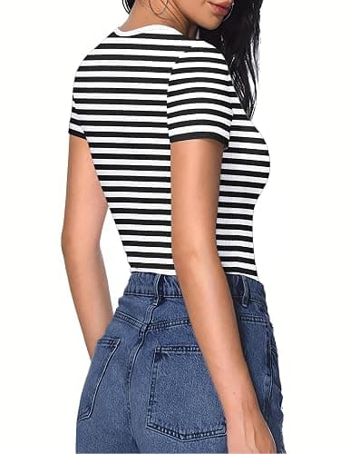 HOTOUCH Women Deep V Neck Tops Slim Fit Summer Short Sleeve T Shirts | Ribbed Knit Stretchy Material, Sexy Low Cut Basic Tee, Going Out Trendy Outfits, Fashion Clothing thumbnail 5