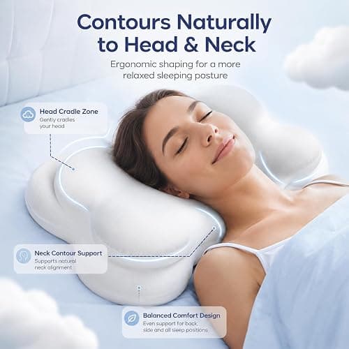 SXIOQI Cloud Pillow Mellow Cloud Align Pillow Ergonomic Memory Foam Cervical Support Pillow for Side, Back & Stomach Sleepers with Breathable Washable Cover, Dual Height Comfort, White, 2 Pack thumbnail 3