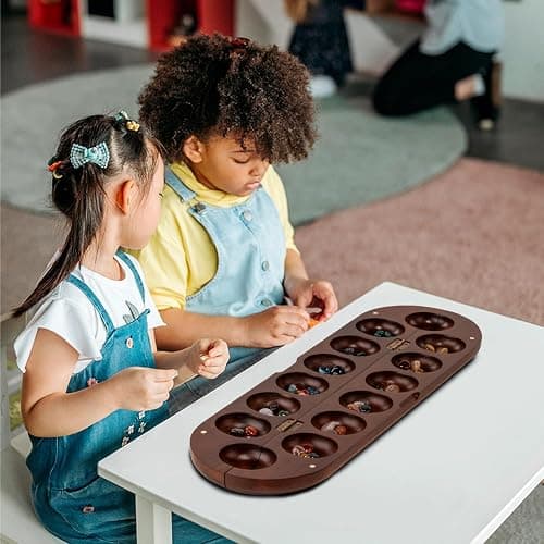 Lingle Deluxe Mancala Set: Real Wood Hinged Board with 48 Natural Multicolor Stones - Authentic African Petroglyphs, Foldable Design for 2-Player Strategy Game thumbnail 2