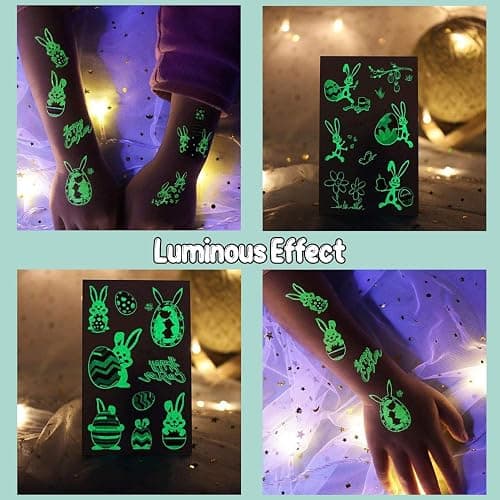 Partywind 132 PCS (12 Sheets) Luminous Easter Temporary Tattoos for Kids Basket Stuffers, Glow Easter Decorations Party Favors Supplies Essentials, Easter Games for Toddlers Boys Girls thumbnail 2