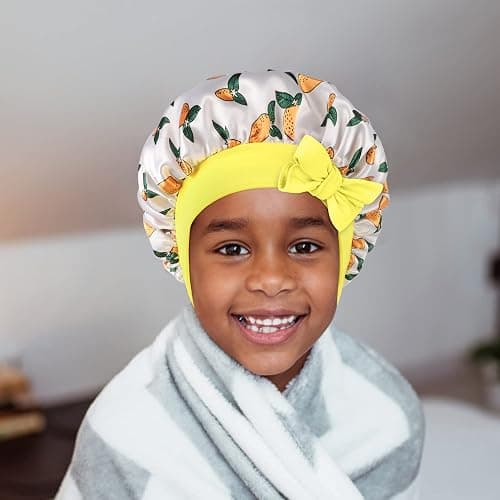 WEIPAO Kids Satin Bonnet - 3 Packs Baby Bonnet for Curly Hair Silk Sleep Cap with Adjustable Elasticated Soft Band for Child Toddler Baby - Purple+Light Pink+Yellow thumbnail 6