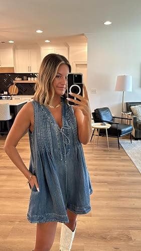 yoeasy Women's Sleeveless V Neck Shorts Denim Romper Tie Front Ruffle Cute Loose Jean Short Overalls with Pockets thumbnail 4