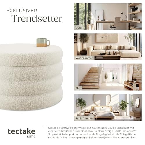 tectake® Hocker mit Stauraum, XL Scandi Sitzhocker Bouclé Teddy Stoff, Pouf, Polsterhocker rund für Schminktisch, Wohnzimmer Möbel, als Flur Möbel, Stauhocker Wohnen, Ø 67 x 42 cm - Bouclé Creme-weiß thumbnail 7