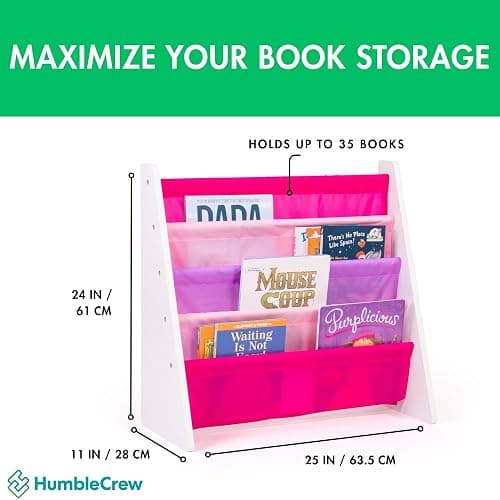 Humble Crew 4-Tier Kids Bookshelf, White Wood/Pink/Purple - Premium Book Shelf for Kids Rooms with Four Deep Pockets - Toddler Sling Book Rack with Deep Sleeves, Nursery Bookcase Organizer thumbnail 3