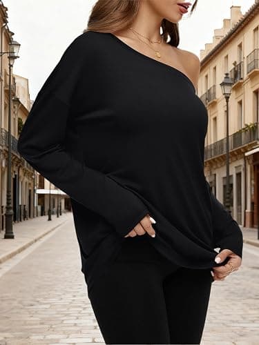 REORIA Womens Oversized One Shoulder Asymmetrical Neck Long Sleeve Basic T Shirts Y2K Tops Fall Winter Clothes thumbnail 3
