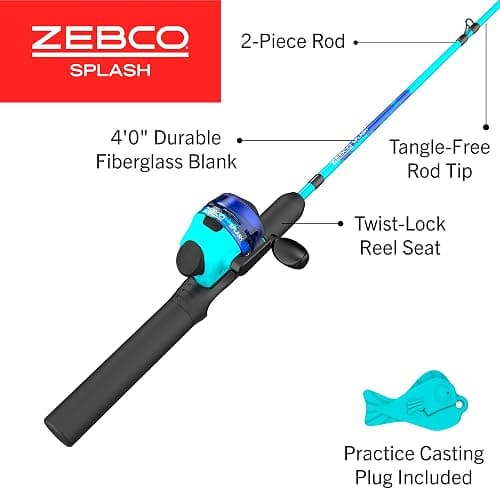 Zebco Kids Splash Jr. Spincast Reel and Fishing Rod Combo, 4-Foot 2-Piece Fishing Pole, Size 20 Reel, Right-Hand Retrieve, Pre-Spooled with 6-Pound Cajun Line thumbnail 2