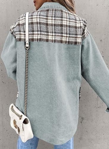 SHEWIN Womens Oversized Denim Jacket Casual Long Sleeve Button Down Plaid Shacket Boyfriend Jean Jacket With Pockets thumbnail 6